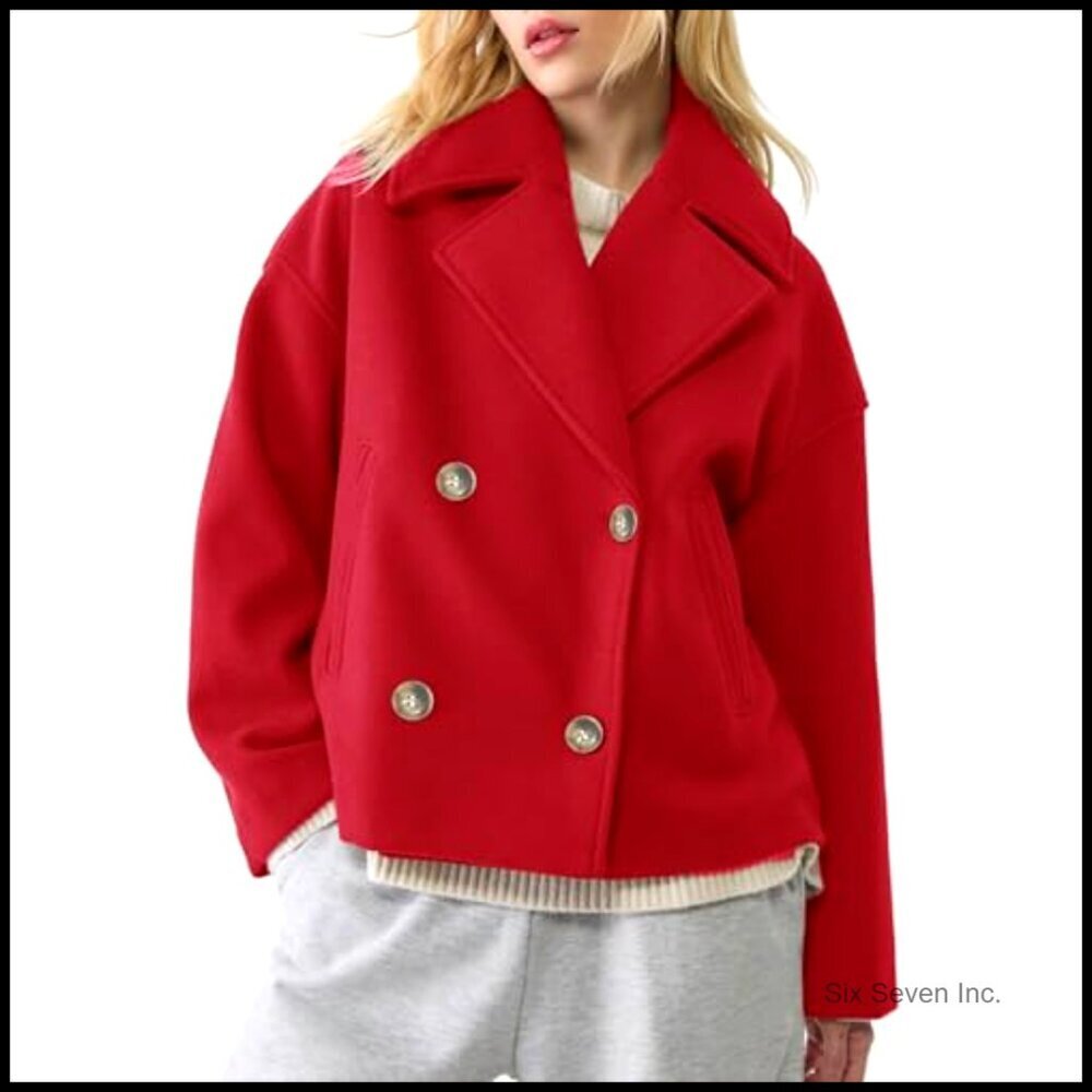 Cropped Pea Coat Notched Lapel Trench Overcoat Casual Double Breasted Jacket - Picture 2 of 4